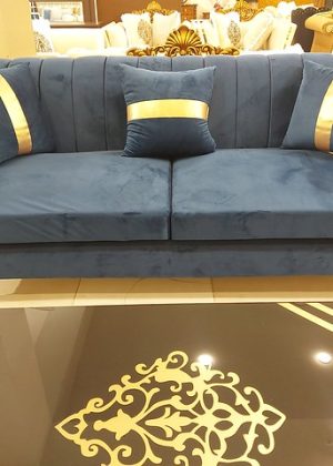 Brass Line Sofa Set blue velvet 3 seater with brass strips by Furnish Sofa