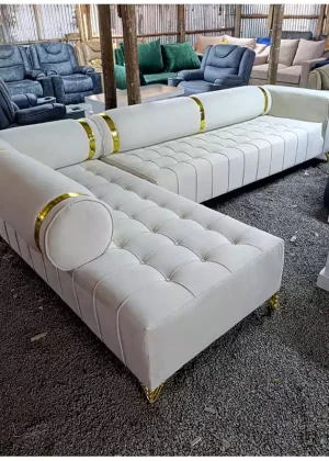 White Brass Line L‑Shaped Sofa Set tufted luxury corner sofa by Furnish Sofa